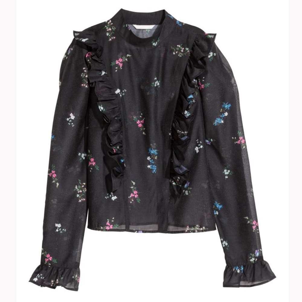 H&M Black Floral Sheer Ruffled Prairie Blouse. Size 4